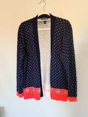 Lands End Womens Open Front Cardigan Size Large Petite Navy Coral 100% Cotton